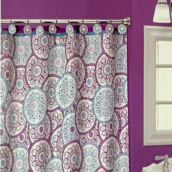 Dream Wheels Fabric Material Shower Curtain 70in X 72 in Purple Teal White - Picture 11 of 16